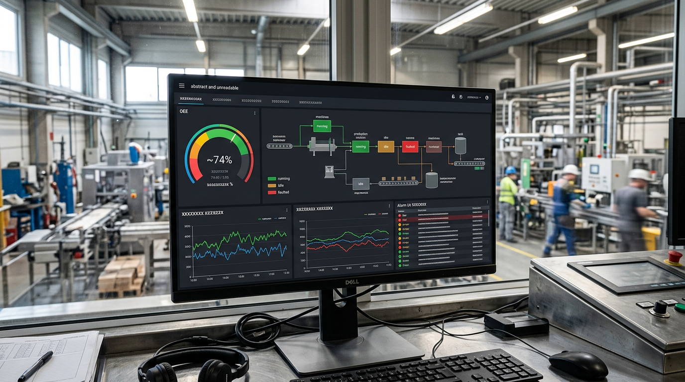 SCADA screen showing a production line mimic, OEE gauge and alarm list