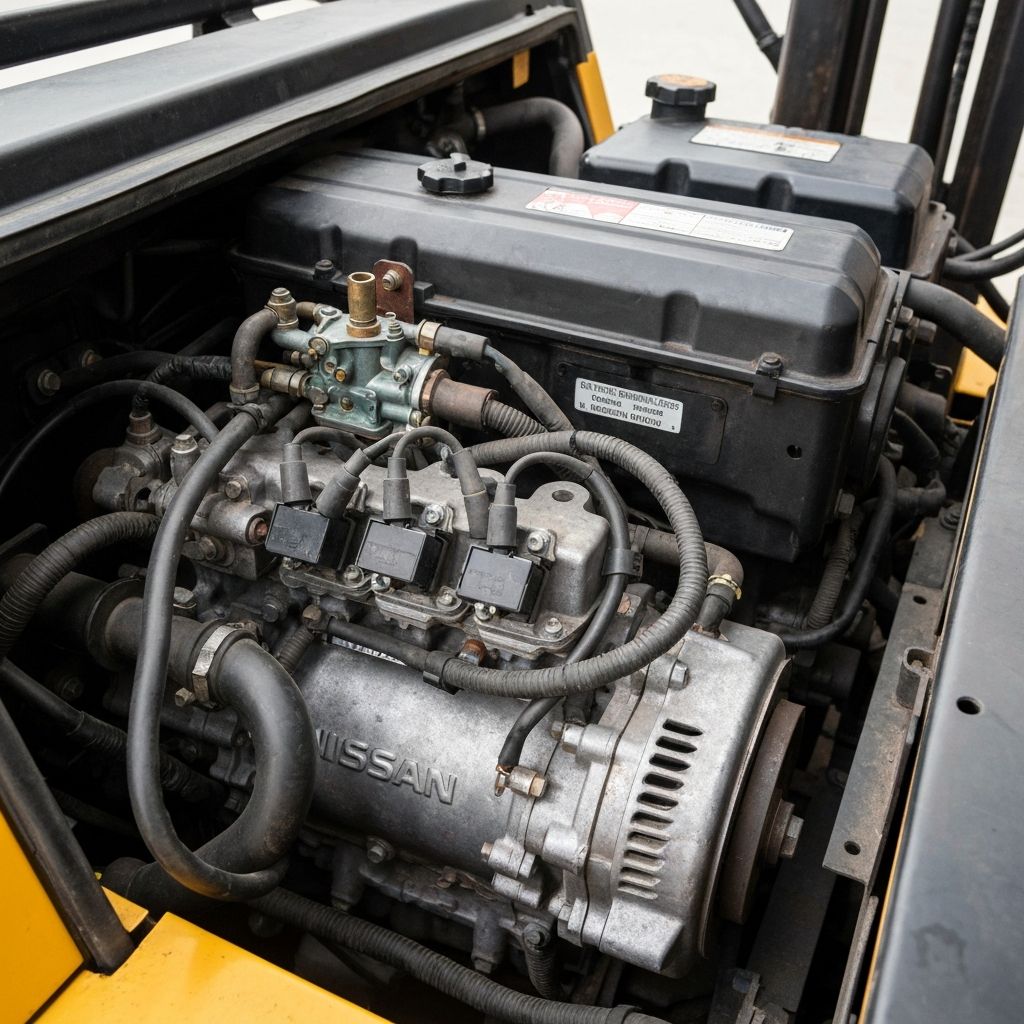 Silnik Nissan K25 w wózku widłowym z widocznym sterownikiem ECU Hitachi MEC – diagnostyka ACORE