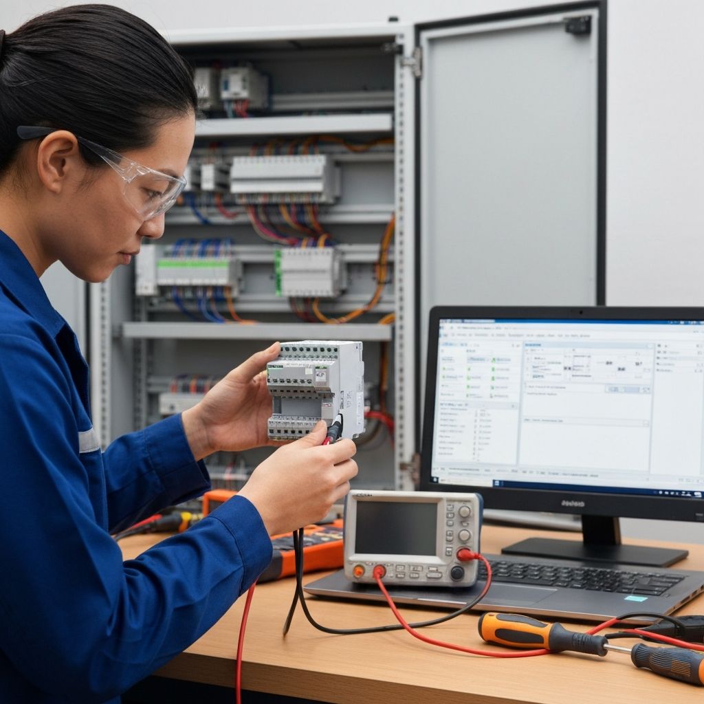 Diagnostyka sterownika PLC Siemens S7-1200 – technik podłącza kabel diagnostyczny, laptopem TIA Portal