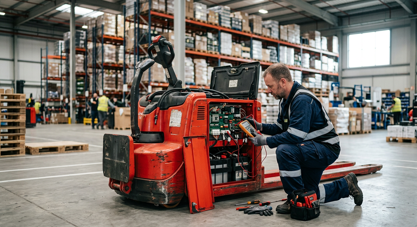 Naprawa elektroniki wózka paletowego Linde T20 SP – pomiary sterownika trakcji w magazynie