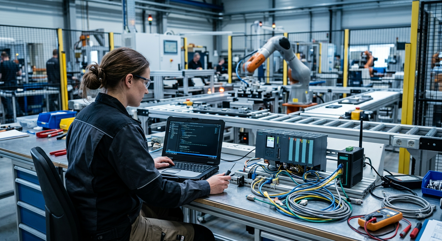 Inżynier przy stanowisku prototypowym: laptop z kodem, sterownik PLC i bramka brzegowa łączące maszyny na linii produkcyjnej