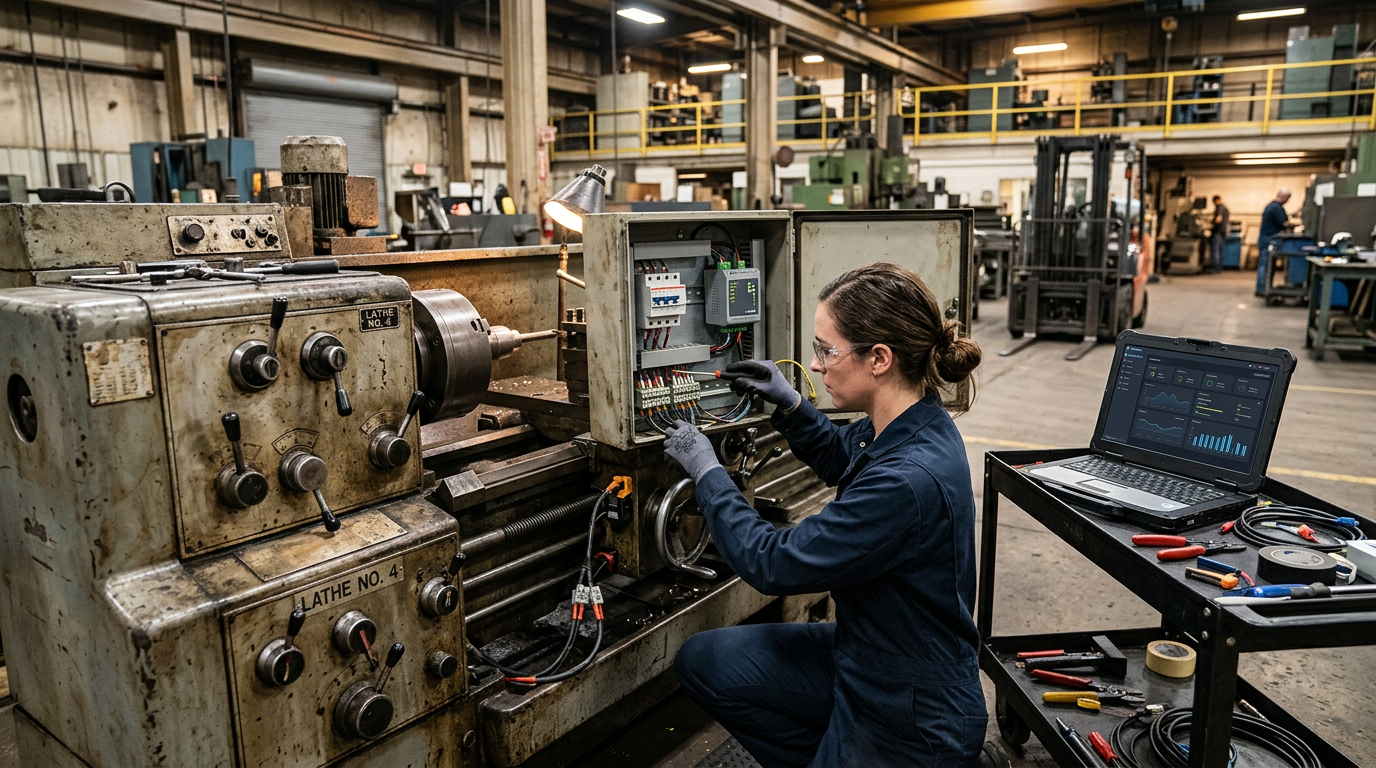Technician connecting an IoT edge gateway and current transformers to an old industrial machine