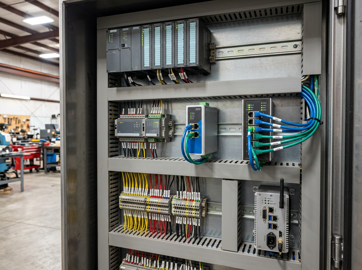 Control cabinet with PLC, I/O modules, OPC UA Modbus PROFINET protocol gateway and industrial switch